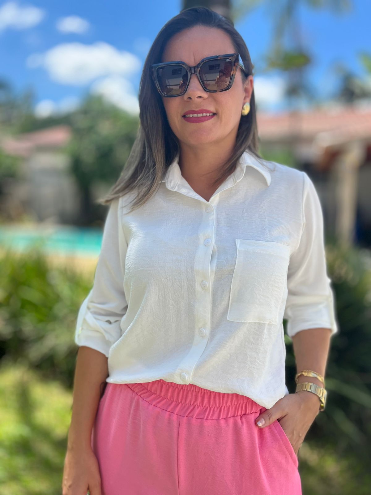 Camisa Cropped Crepe c/bolso - Imagem 11